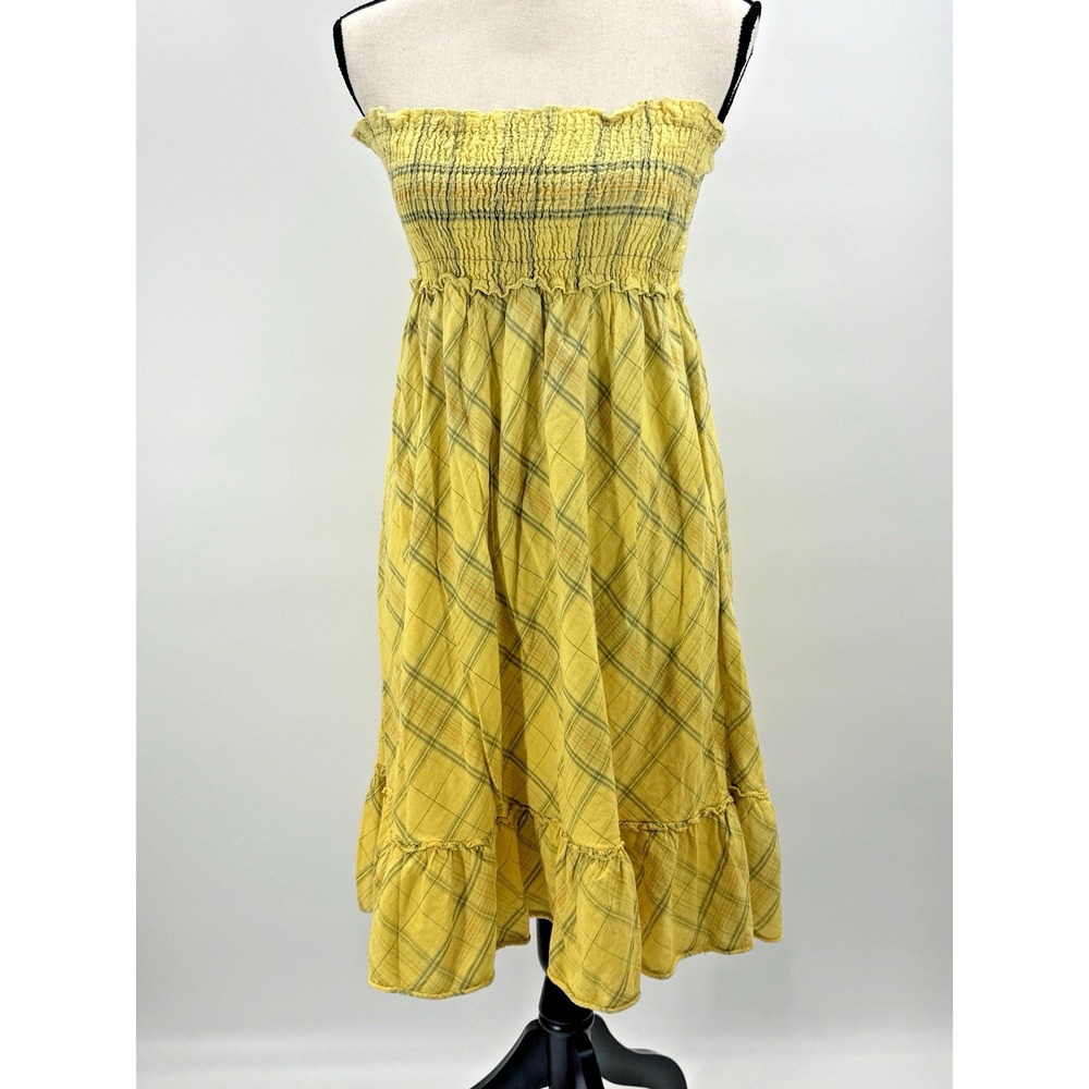 VTG 90s Y2K Yellow Plaid Tube Top Dress Medium Smocked Ruffle Beach Cottagecore